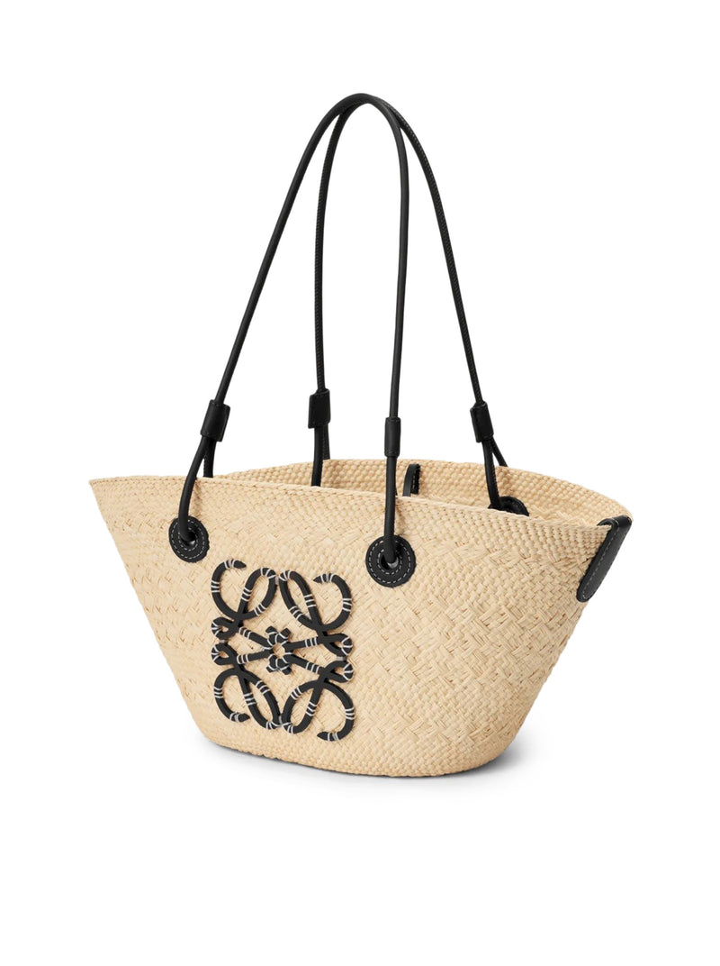 SMALL ANAGRAM BASKET BAG IN IRACA PALM AND CALFSKIN