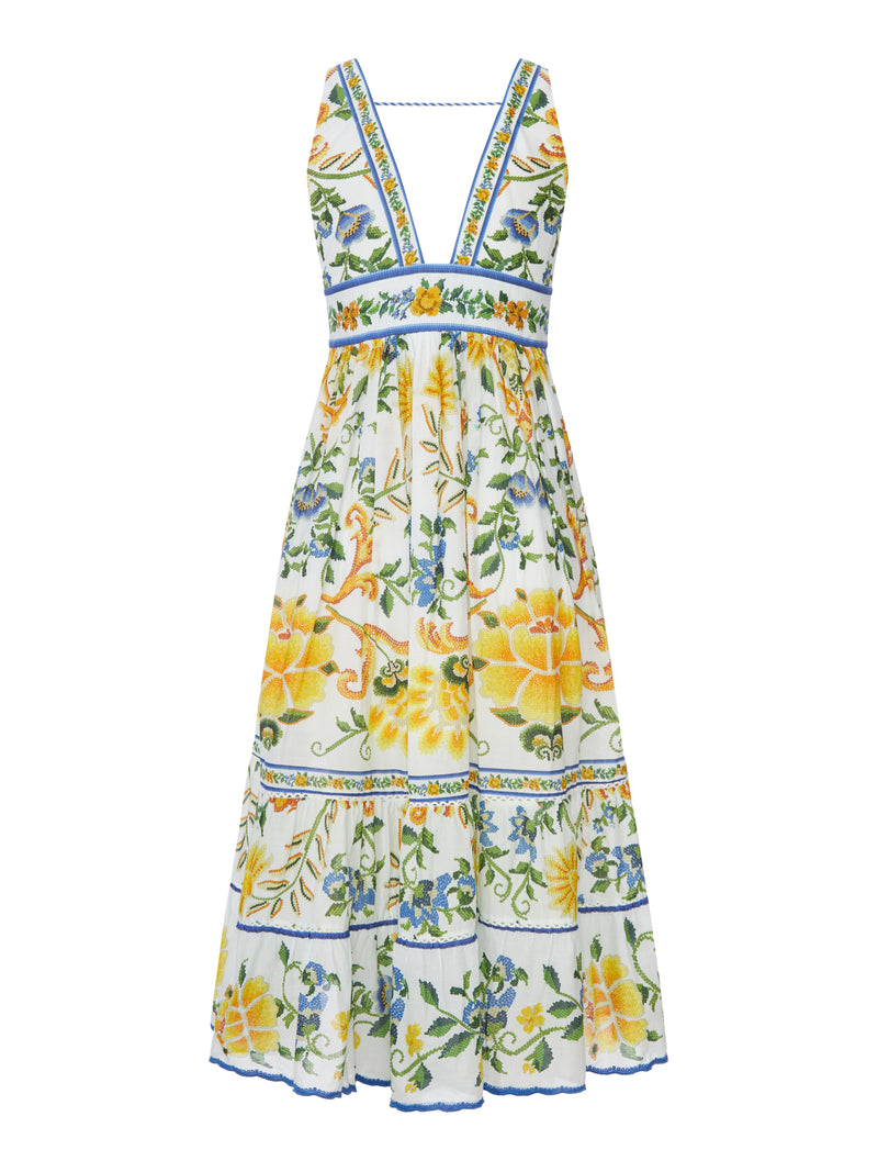 LONG DRESS WITH FLORAL PRINT AND DEEP V-NECK