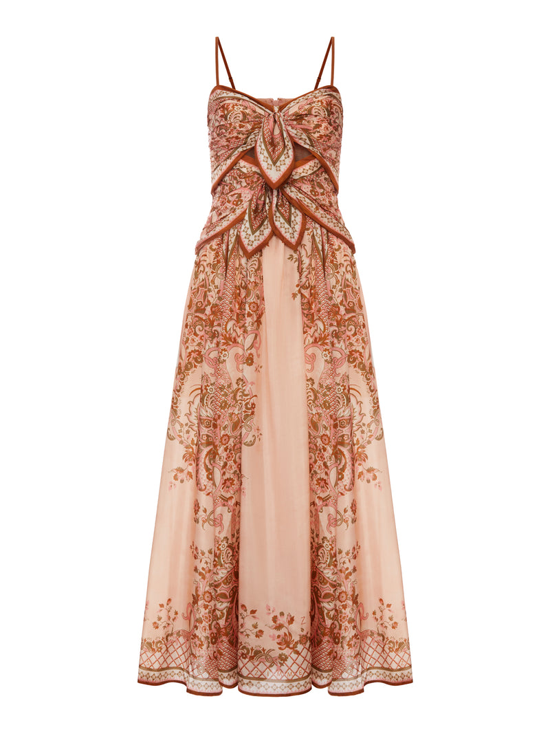 ASTER SILK MIDI DRESS WITH CUT-OUT INSERT AND BOWS