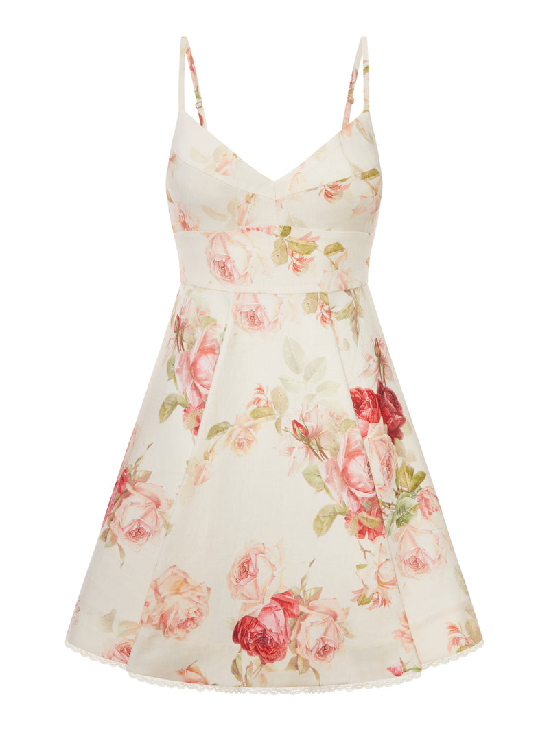 SHORT LINEN DRESS WITH FLORAL PRINT