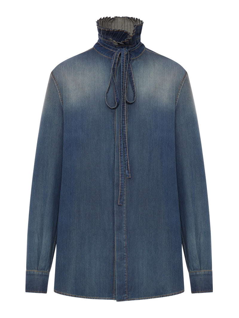 LONG BLOUSE WITH KNOT COLLAR IN COTTON DENIM
