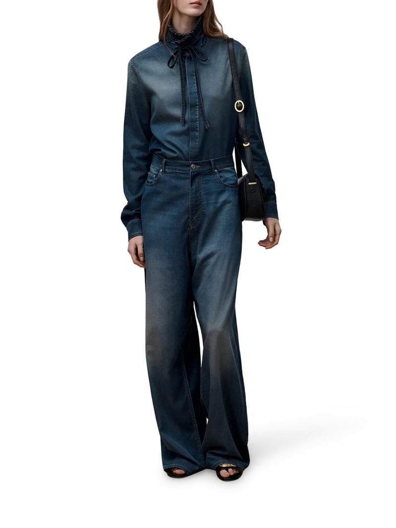 LONG BLOUSE WITH KNOT COLLAR IN COTTON DENIM