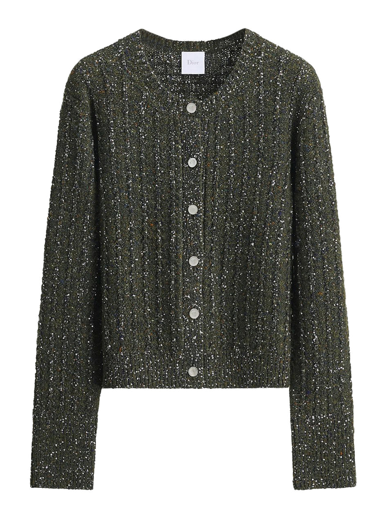 GREEN VIRGIN WOOL AND CASHMERE TWEED CARDIGAN EMBROIDERED WITH SEQUINS
