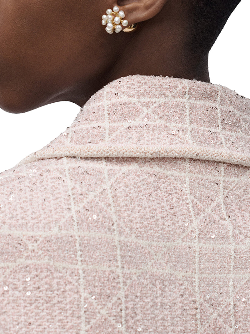 SHORT-SLEEVED MACROCANNAGE JACKET IN PINK COTTON BLEND TWEED EMBROIDERED WITH SEQUINS