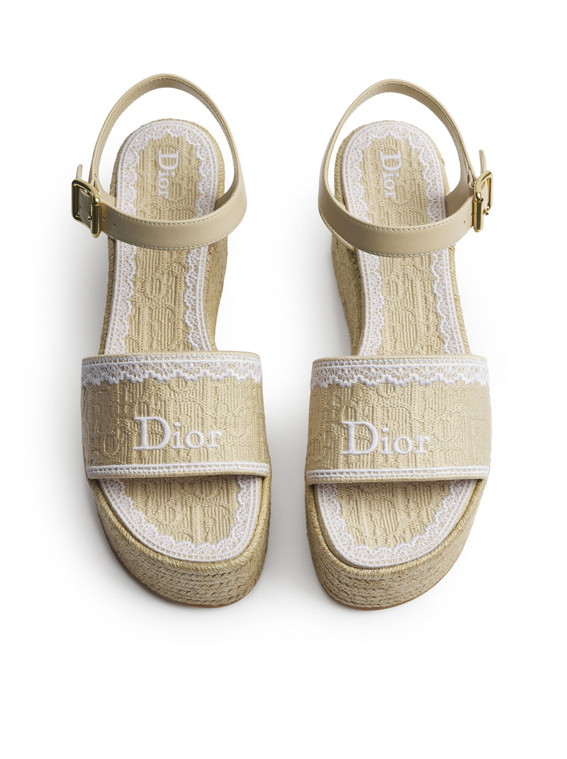 DIOR OBLIQUE EMBROIDERED COTTON DENTELLE WEDGE SANDAL