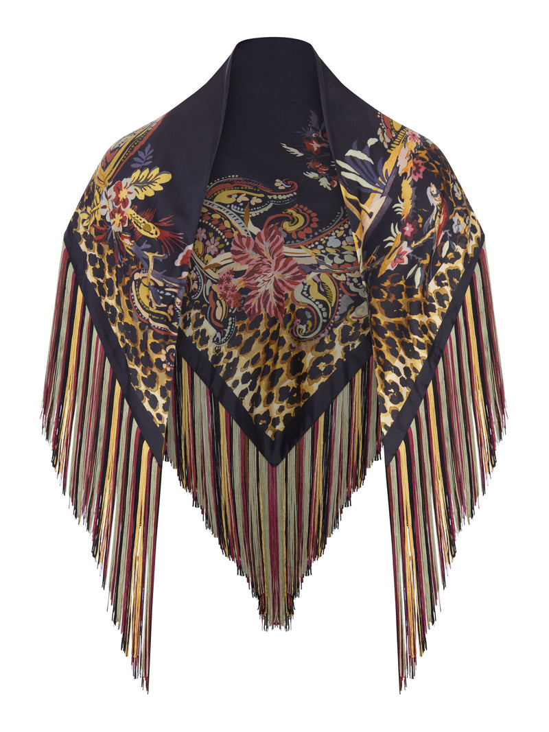 PRINTED SILK SCARF WITH MULTICOLORED FRINGE