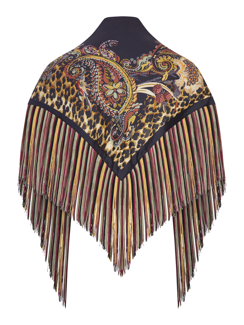 PRINTED SILK SCARF WITH MULTICOLORED FRINGE
