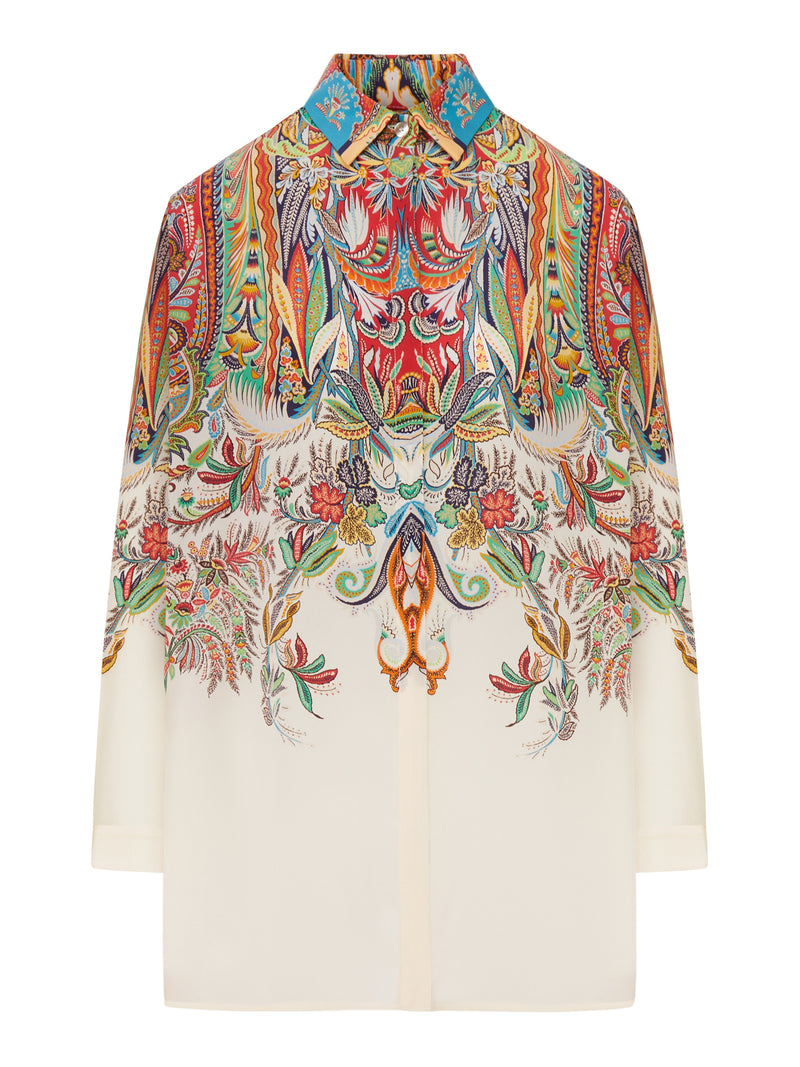 LONG SILK SHIRT WITH PLACED PAISLEY FOLIAGE PRINT
