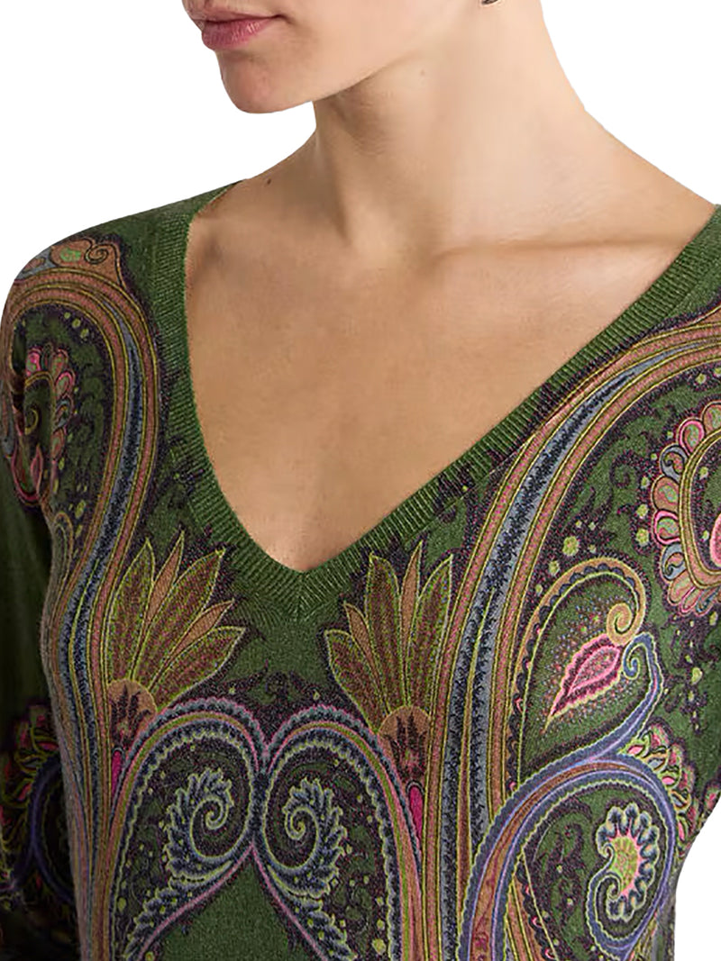 SILK AND CASHMERE V-NECK SWEATER WITH PLACED PAISLEY PRINT