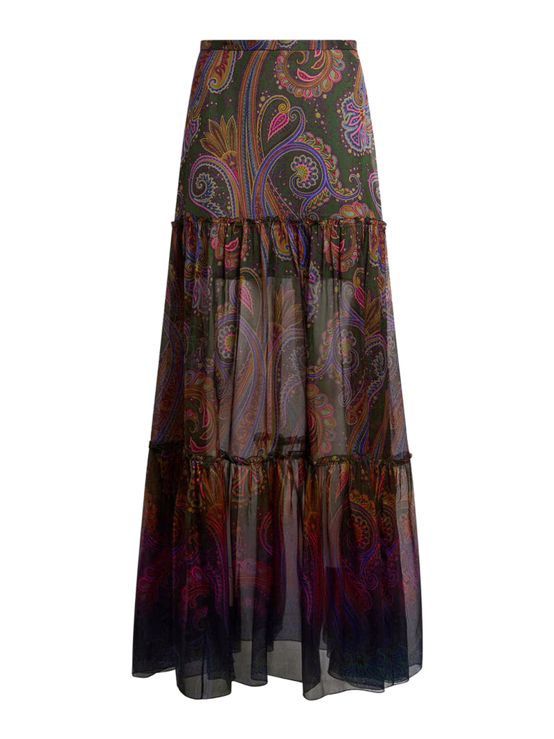 LONG SILK SKIRT WITH PLACEMENT PAISLEY PRINT