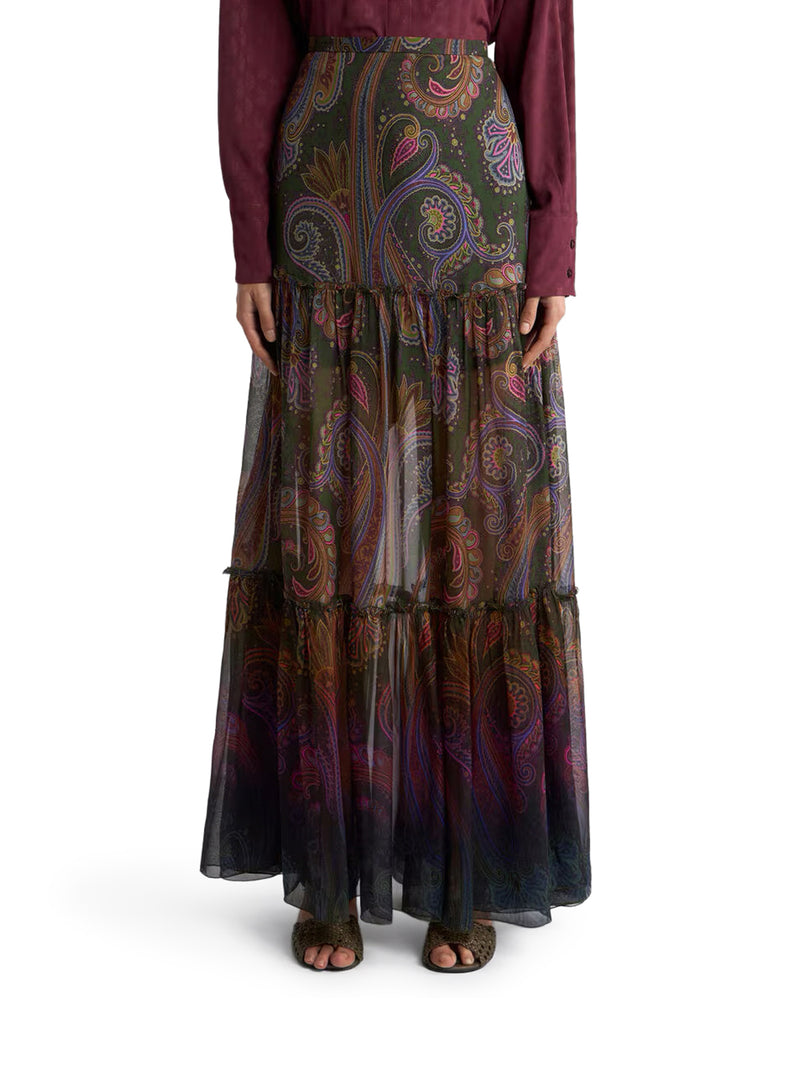 LONG SILK SKIRT WITH PLACEMENT PAISLEY PRINT