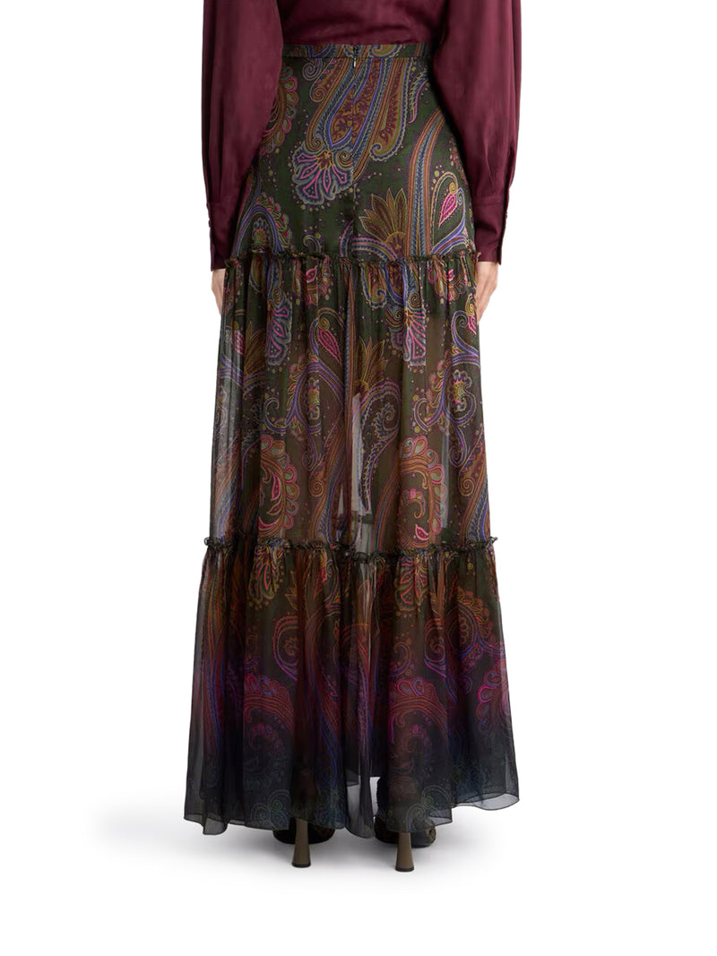 LONG SILK SKIRT WITH PLACEMENT PAISLEY PRINT