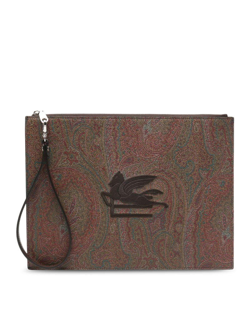 BROWN PAISLEY JACQUARD CANVAS CLUTCH WITH LOGO EMBROIDERY ON THE FRONT AND WRIST STRAP