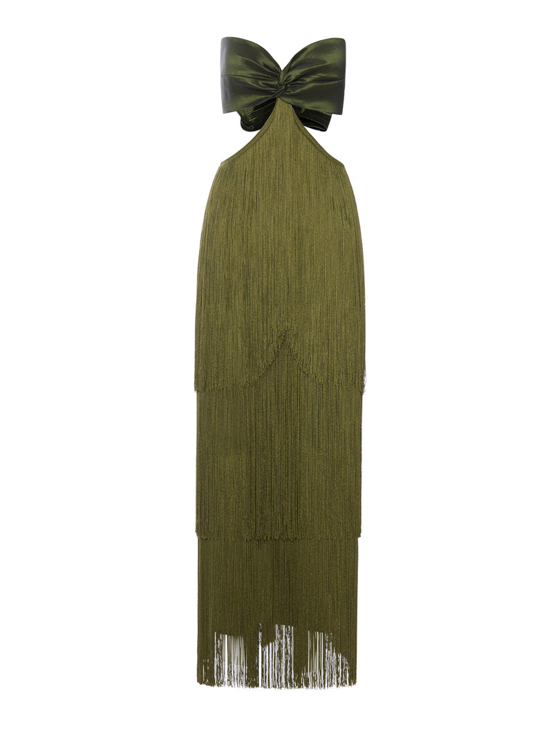 LONG DRESS WITH FRINGES AND SATIN BOW