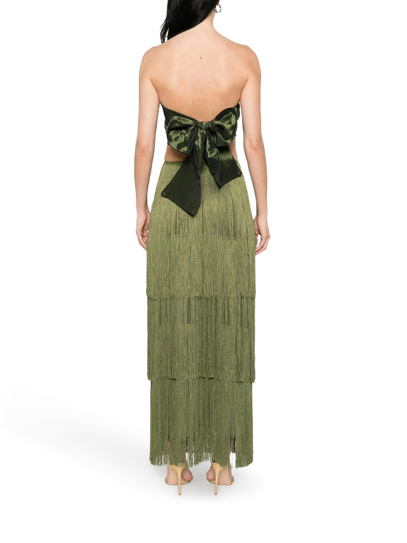 LONG DRESS WITH FRINGES AND SATIN BOW