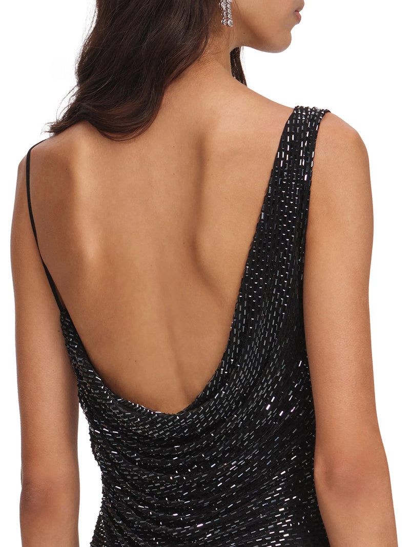 LONG BLACK DRAPED DRESS WITH RHINESTONE