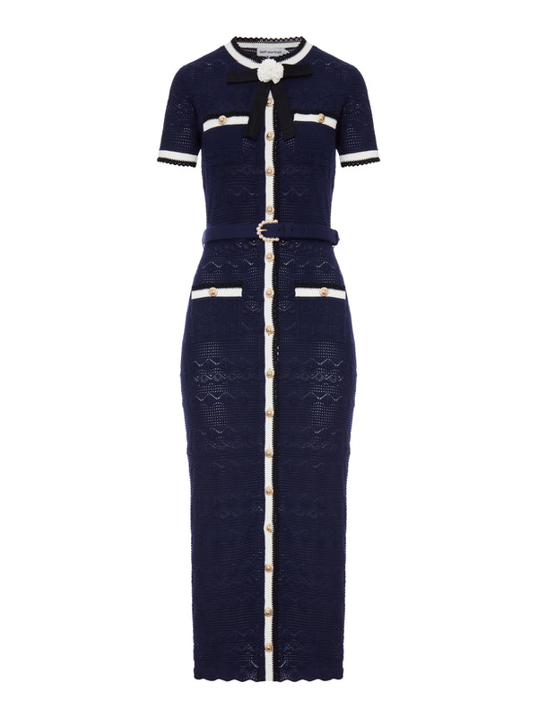 NAVY BLUE PERFORATED KNIT MIDI DRESS
