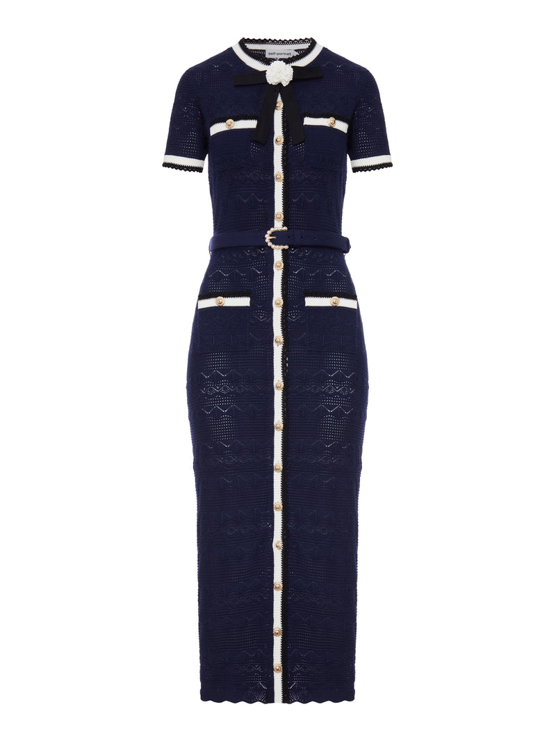 NAVY BLUE PERFORATED KNIT MIDI DRESS