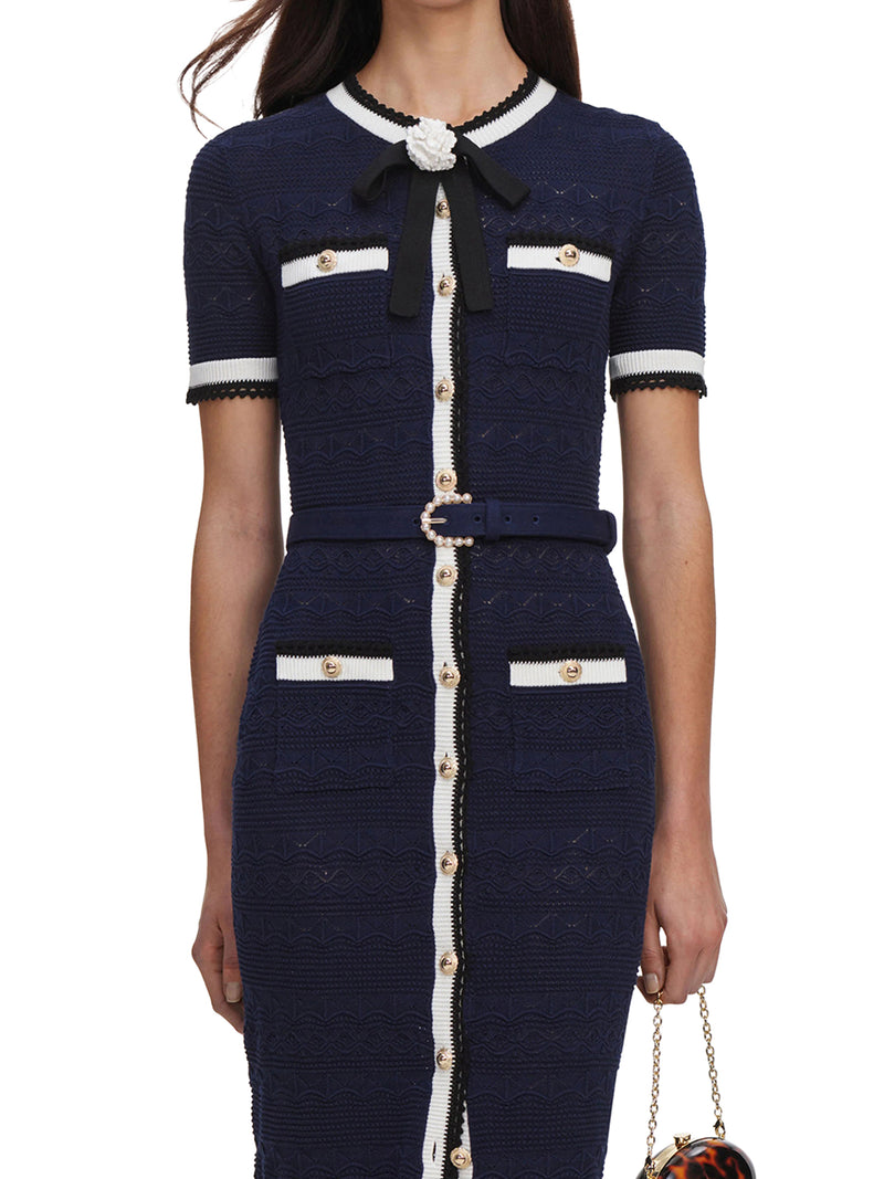 NAVY BLUE PERFORATED KNIT MIDI DRESS