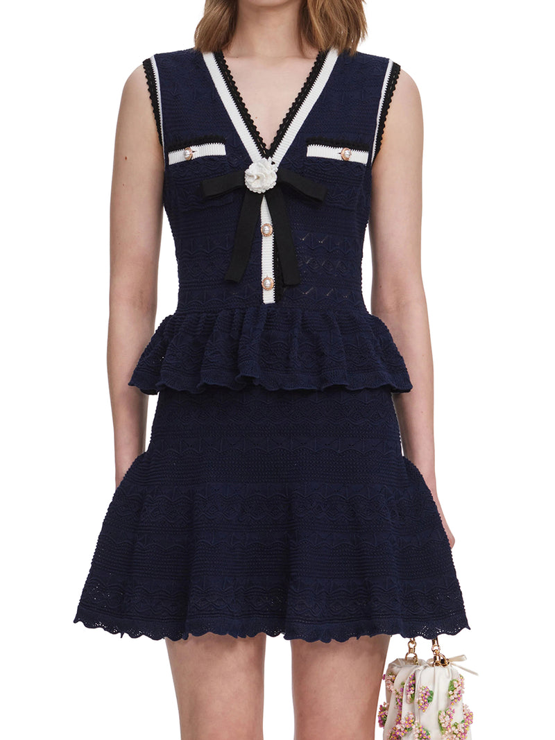 NAVY BLUE PEPLUM QUILTED KNIT MINI DRESS