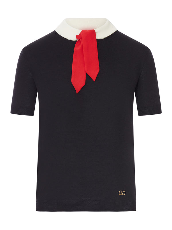 WOOL SWEATER WITH CONTRAST COLLAR AND BOW