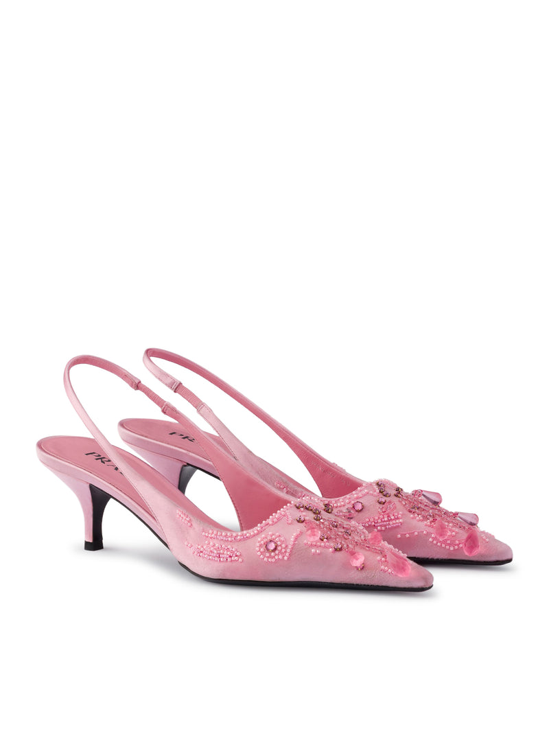 SATIN SLINGBACK PUMPS WITH EMBROIDERY