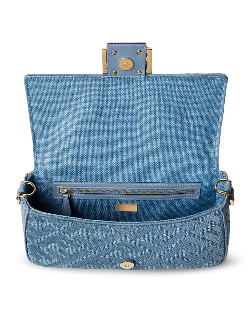 BAGUETTE BAG IN WOVEN RAFFIA WITH BLUE FF EMBROIDERY