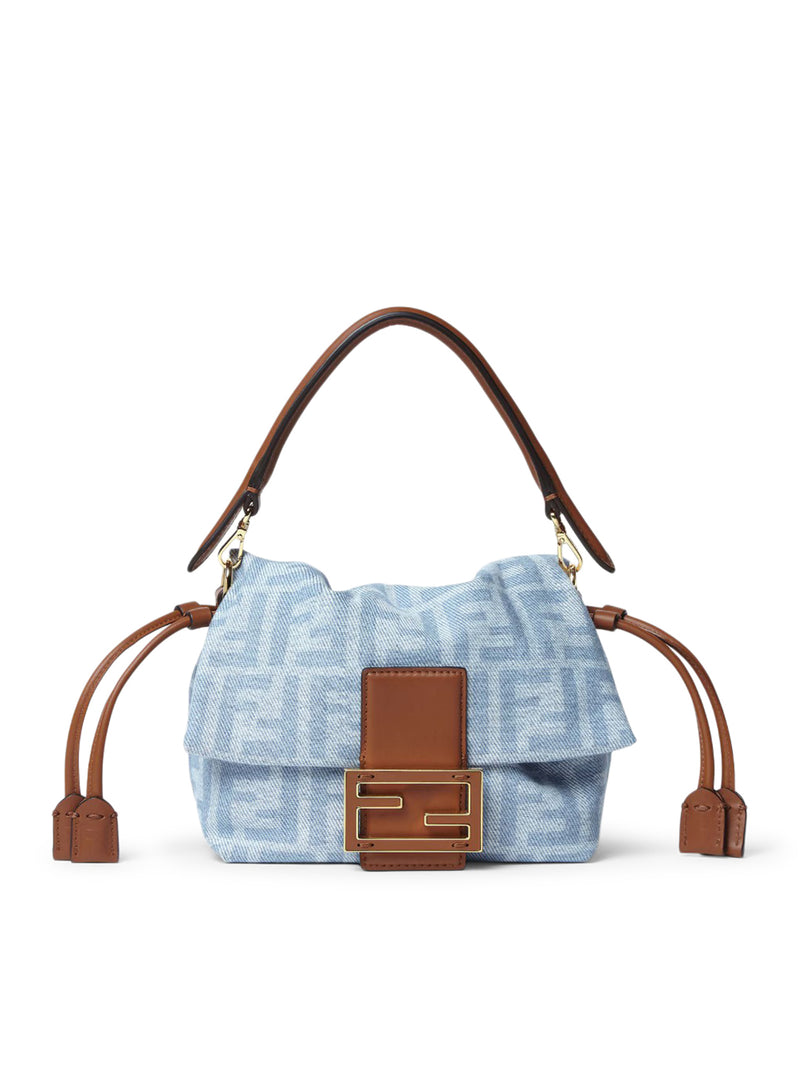 SMALL BAGUETTE MOM BAG IN DENIM FF LIGHT BLUE