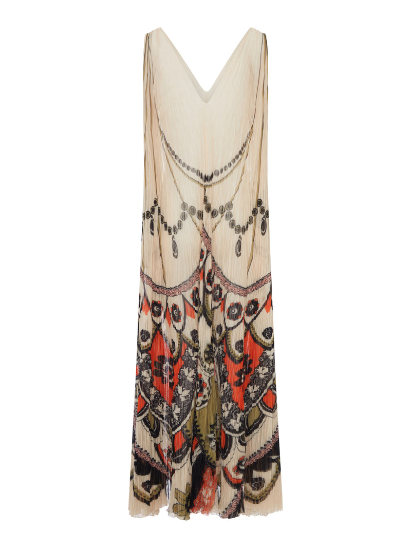 LONG PLEATED DRESS WITH ORNAMENTAL PRINT