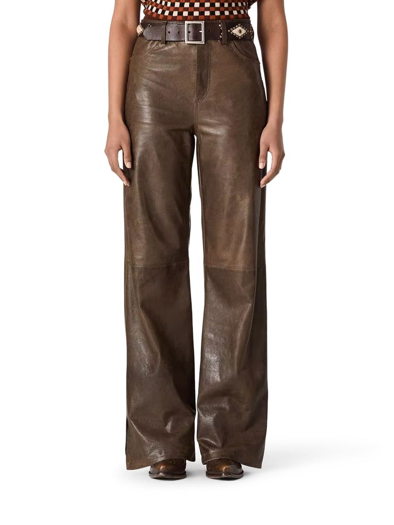 DARK GREEN PANELED WAXED NAPPA LEATHER TROUSERS