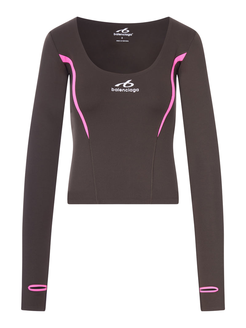 TECHWEAR LONG-SLEEVED TOP IN TECHNICAL FABRIC IN KHAKI BROWN AND FLUORESCENT PINK