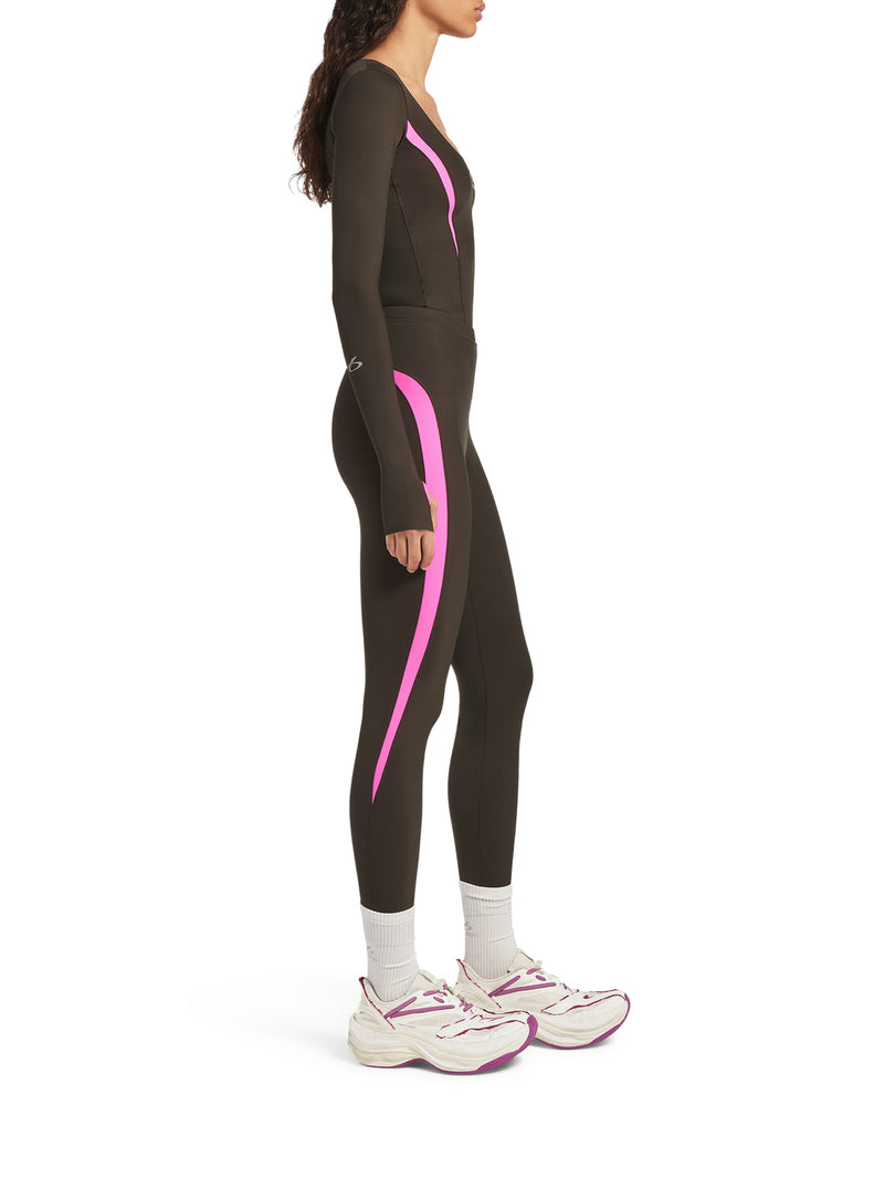 TECHWEAR LONG-SLEEVED TOP IN TECHNICAL FABRIC IN KHAKI BROWN AND FLUORESCENT PINK