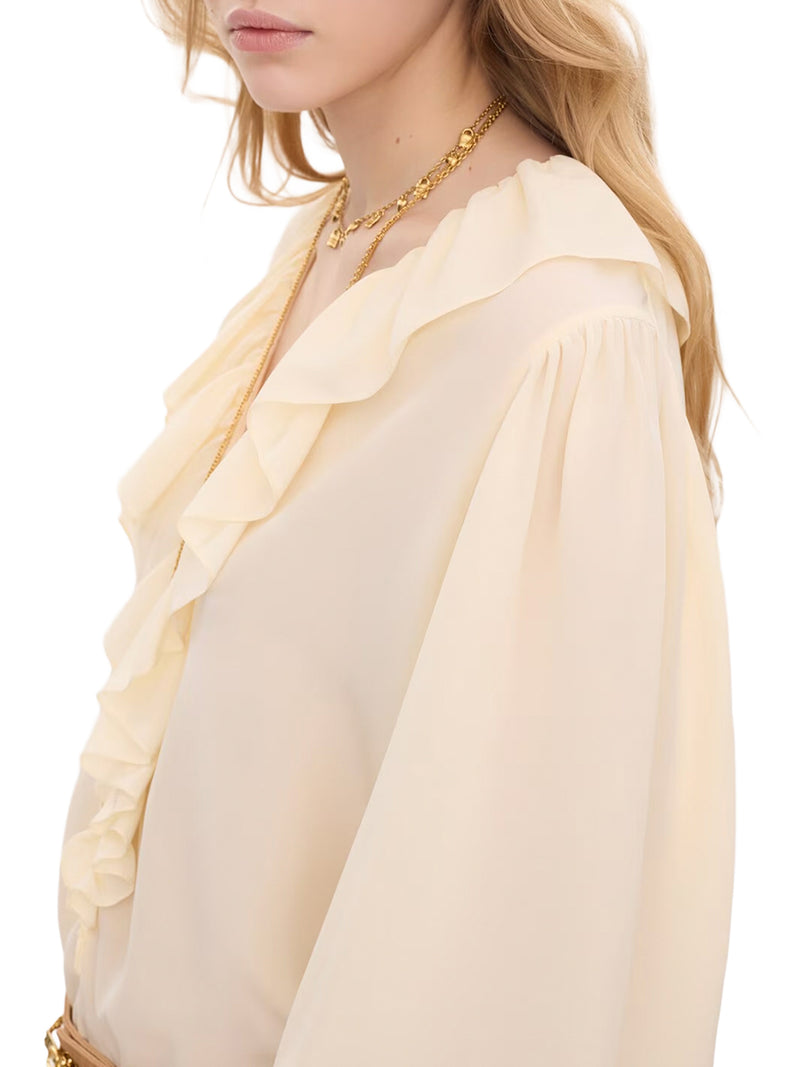 V-NECK RUFFLE TOP IN CRÊPE DE CHINE