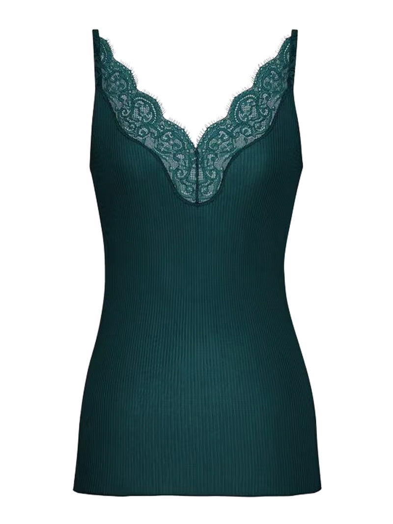 RIBBED SILK TANK TOP WITH LACE DETAILS