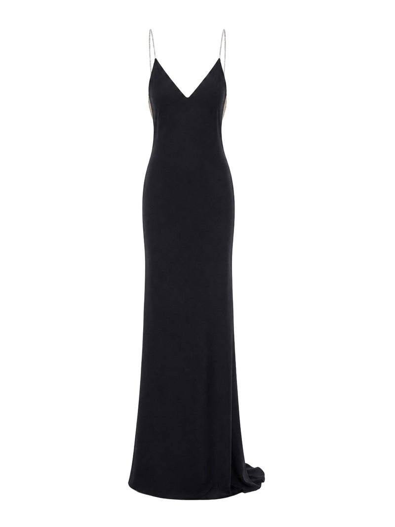 SATIN EVENING DRESS WITH CRYSTAL CHAIN ??EMBROIDERY AND OPEN BACK