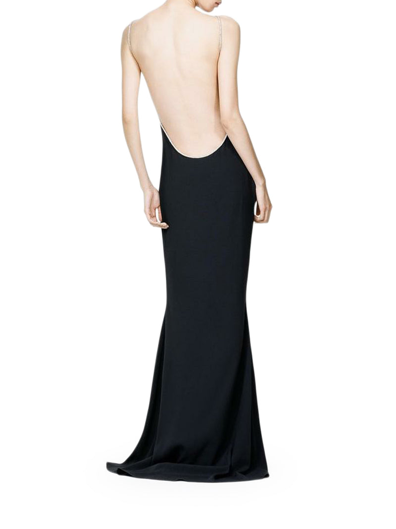 SATIN EVENING DRESS WITH CRYSTAL CHAIN EMBROIDERY AND OPEN BACK