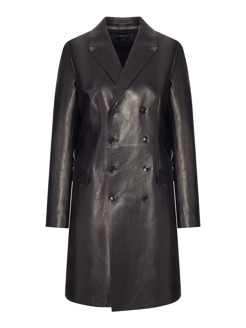 DOUBLE-BREASTED POLISHED LEATHER COAT