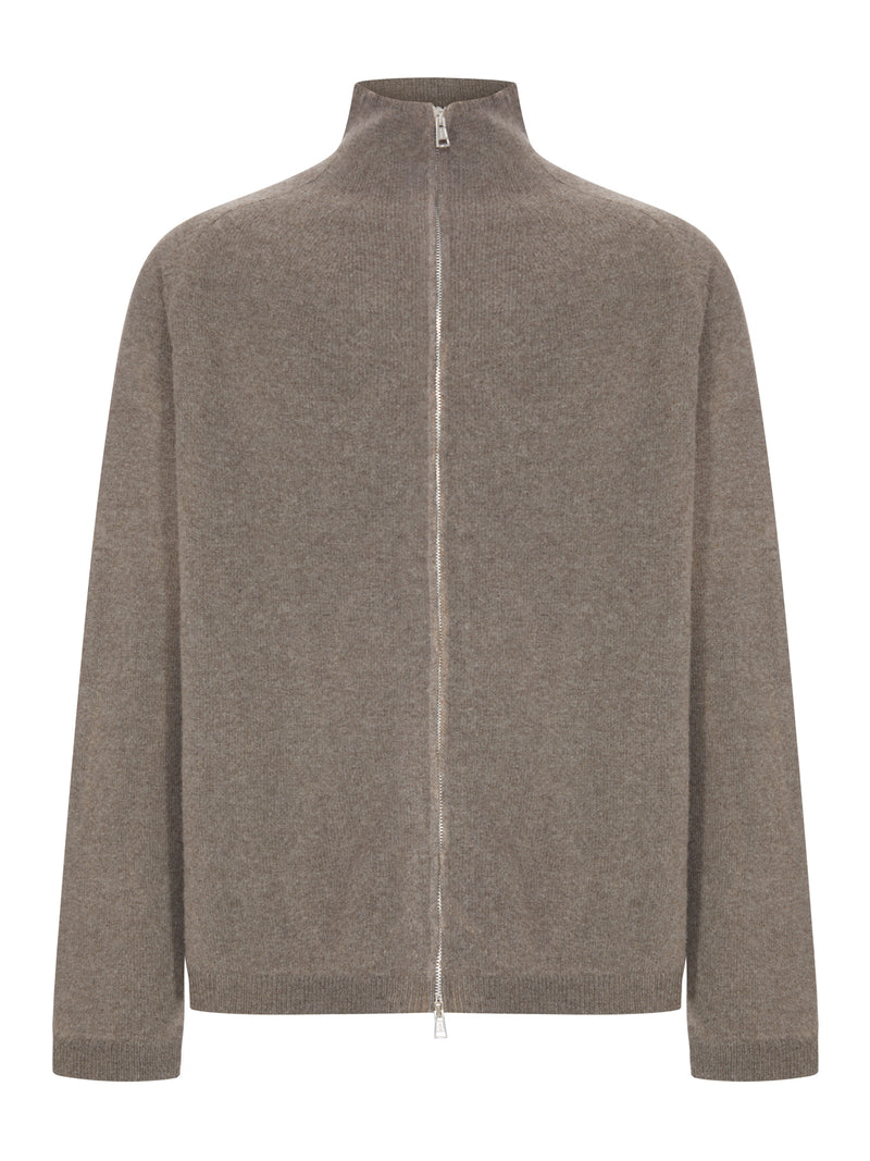 ZIP CARDIGAN IN "CHERUB" WOOL AND MUD-COLORED SPRAY DYE