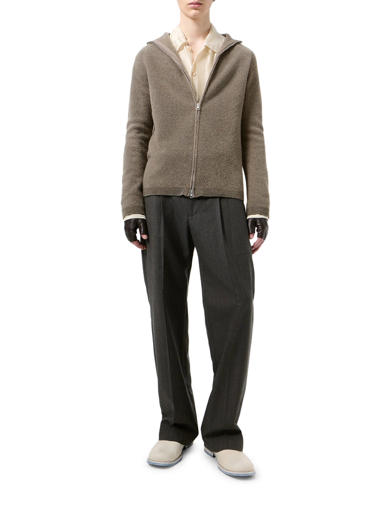 ZIP CARDIGAN IN "CHERUB" WOOL AND MUD-COLORED SPRAY DYE