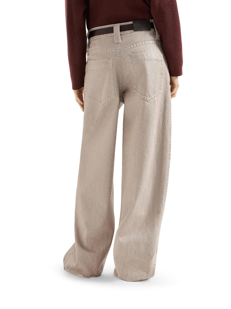 BEIGE LAMÉ DENIM BAGGY TROUSERS WITH EMBELLISHMENT
