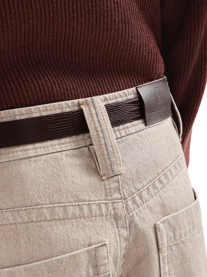 BEIGE LAMÉ DENIM BAGGY TROUSERS WITH EMBELLISHMENT