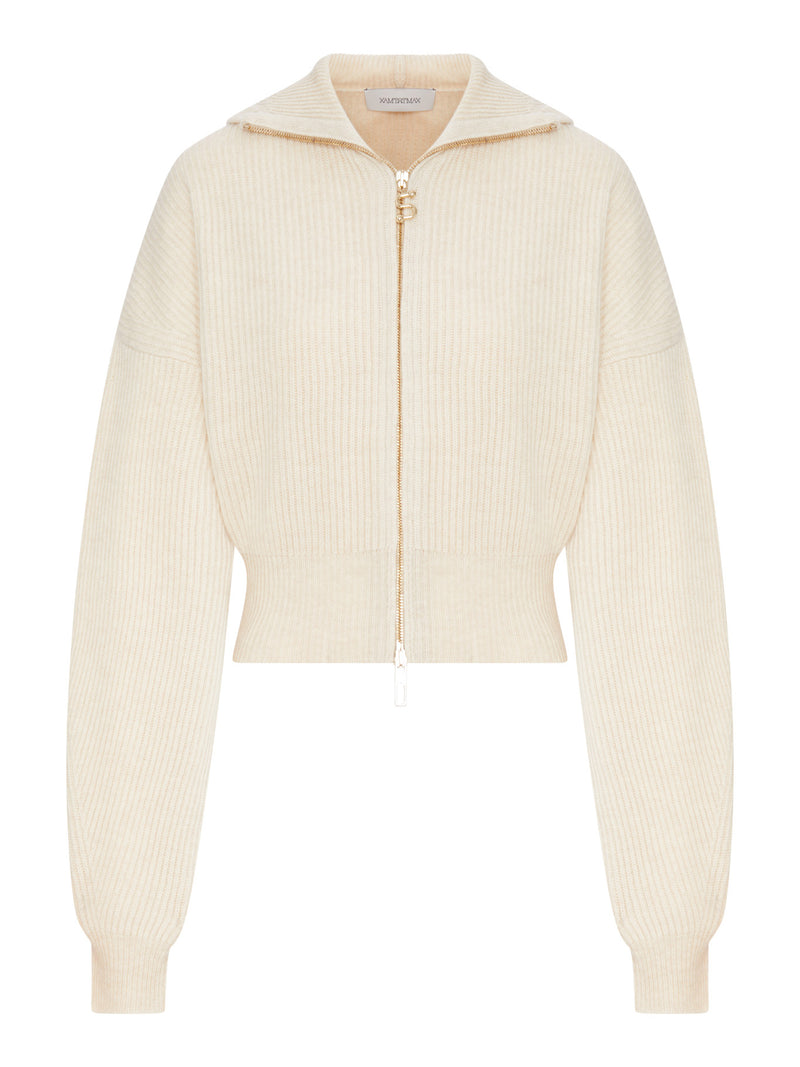 RIBBED WOOL CARDIGAN WITH WIDE COLLAR