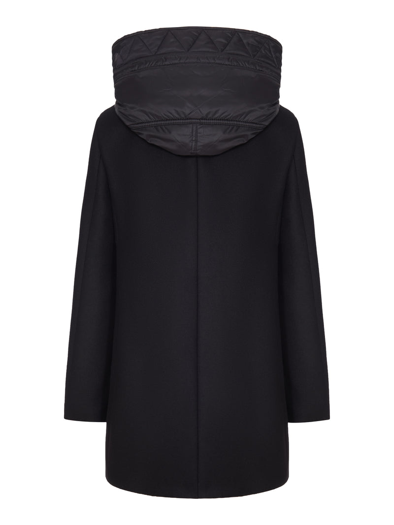 LONG WOOL BLEND COAT WITH HOOD AND METAL CLOSURE