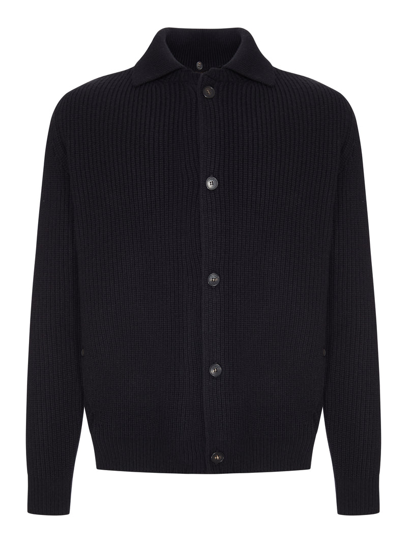 RIBBED KNIT CARDIGAN WITH COLLAR AND BUTTONS