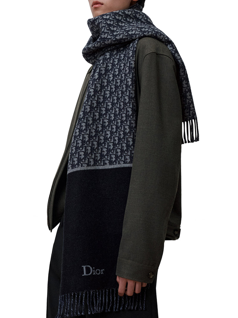 DOUBLE-SIDED DIOR OBLIQUE SCARF IN NAVY BLUE WOOL