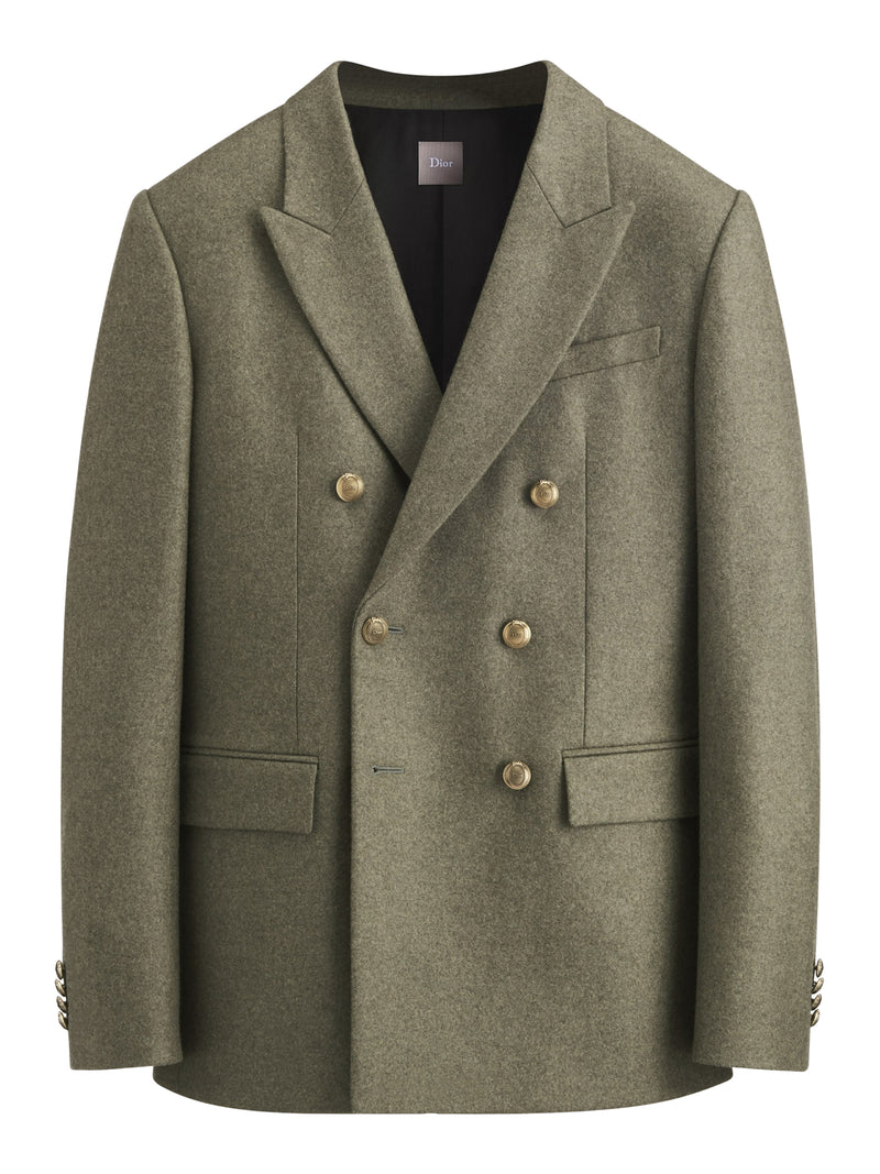 DOUBLE-BREASTED JACKET IN KHAKI VIRGIN WOOL AND CASHMERE FLANNEL