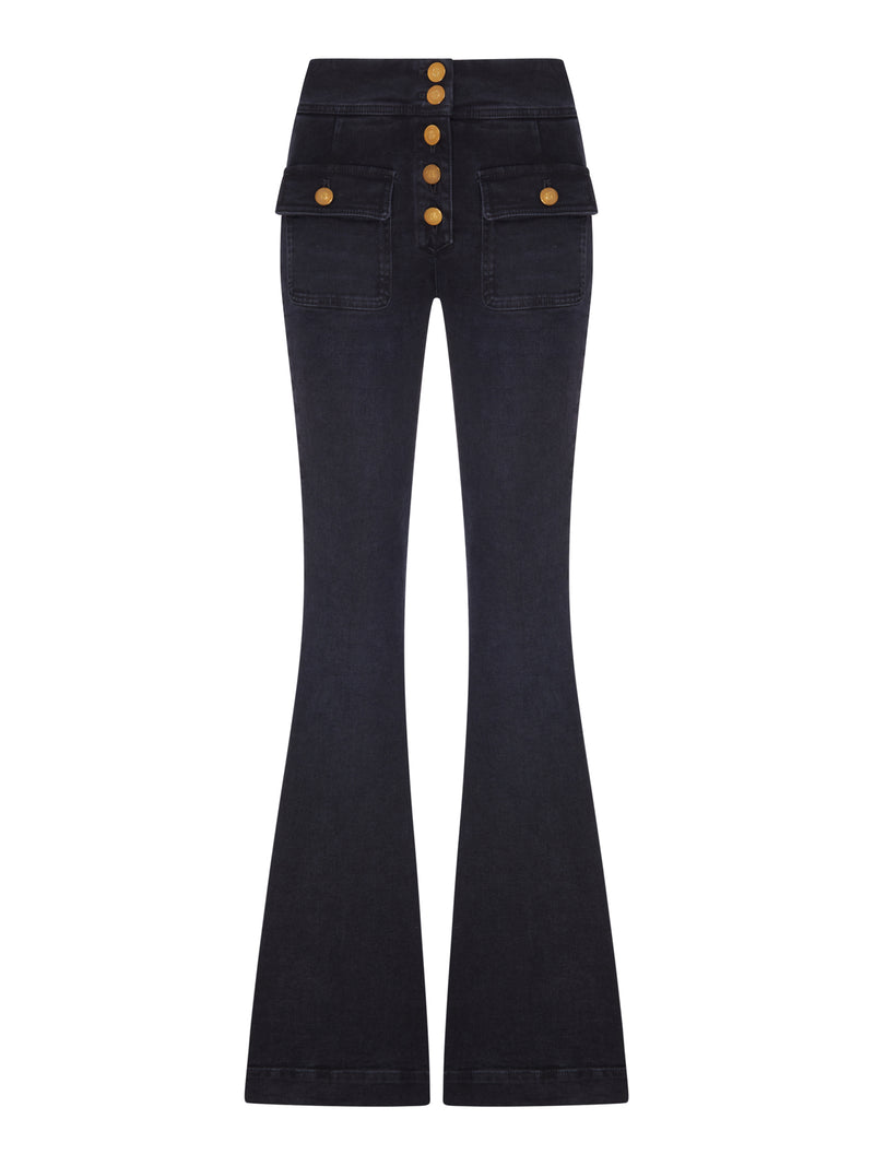 DARK DENIM FLARE JEANS WITH GOLD BUTTONS