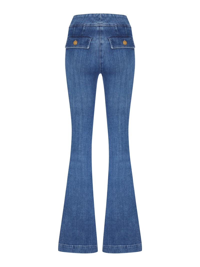 FLARE DENIM JEANS WITH GOLD BUTTONS