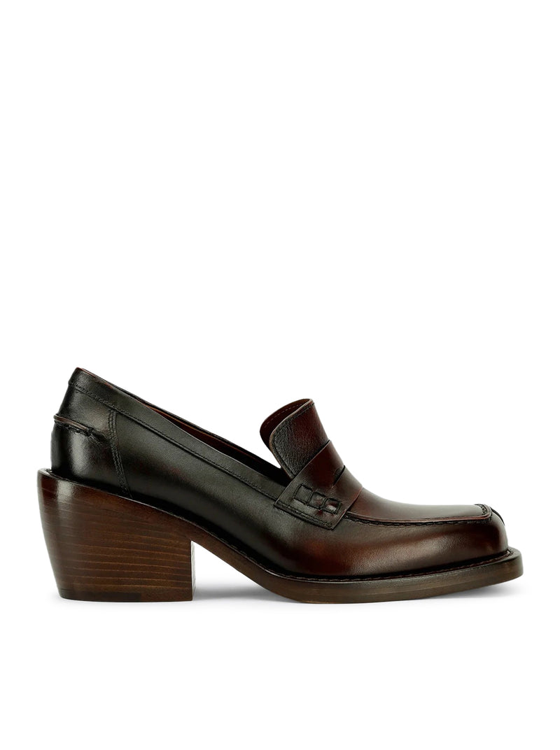 LEATHER PENNY LOAFERS WITH A SQUARE TOE, ROUNDED BLOCK HEEL, AND SHADED EFFECT