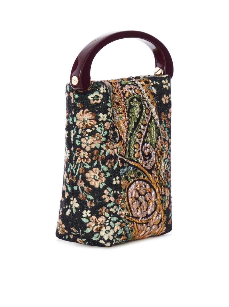 JACQUARD FABRIC BUCKET BAG WITH RIGID HANDLE